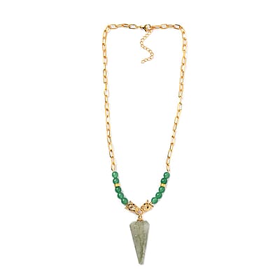 Karis Green Aventurine and Thai Black Spinel Paper Clip Chain Jaguar Necklace 18-20 Inches in 18K YG Plated 72.40 ctw