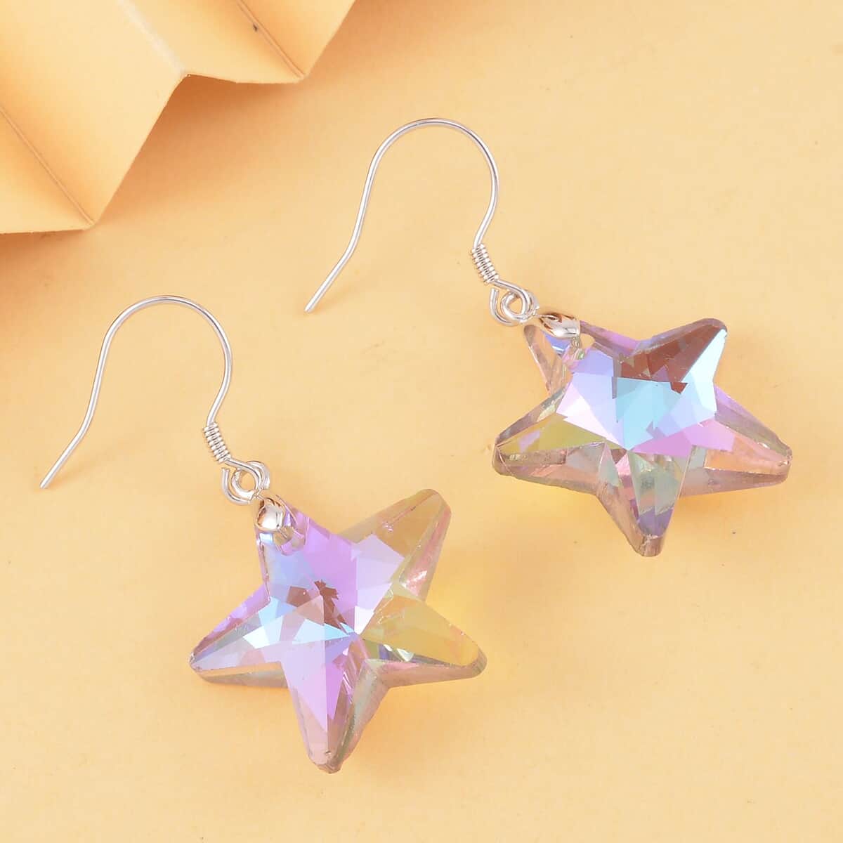 Simulated Pink Magic Color Quartz Star Earrings in Rhodium Over Sterling Silver image number 1