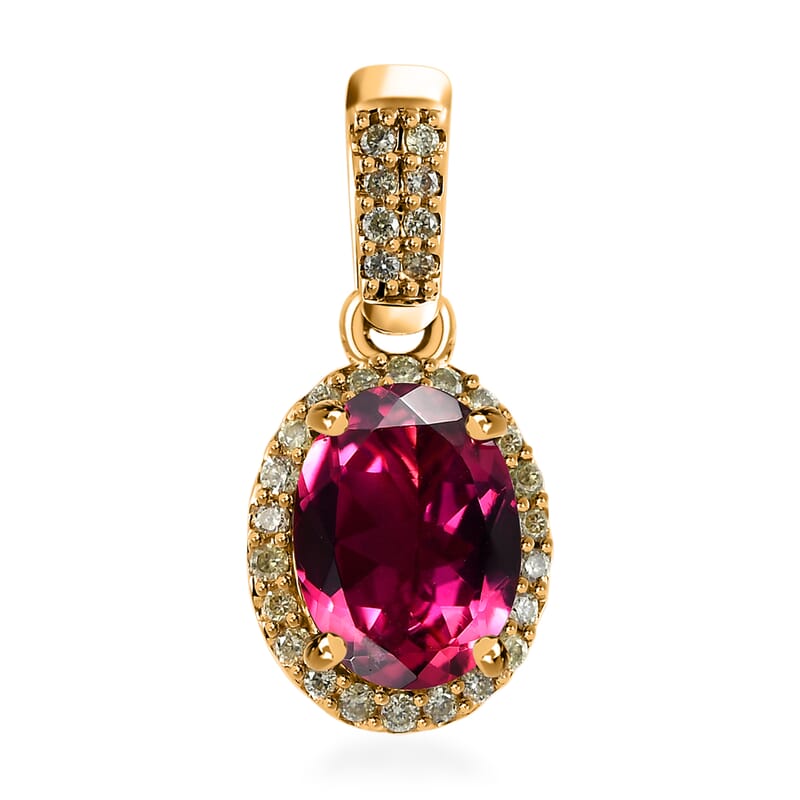 Iliana 18K Yellow Gold AAA Ouro Fino Rubellite and SI Natural Yellow Diamond Halo Pendant 1.60 ctw