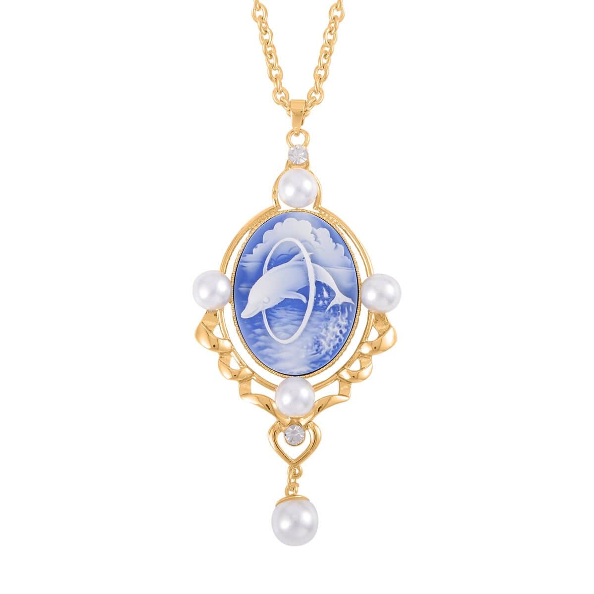 Blue Color Cameo and Multi Gemstone 6.00 ctw Necklace in Goldtone 20.5-22.5 Inches image number 0