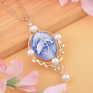 Blue Color Cameo and Multi Gemstone 6.00 ctw Necklace in Goldtone 20.5-22.5 Inches