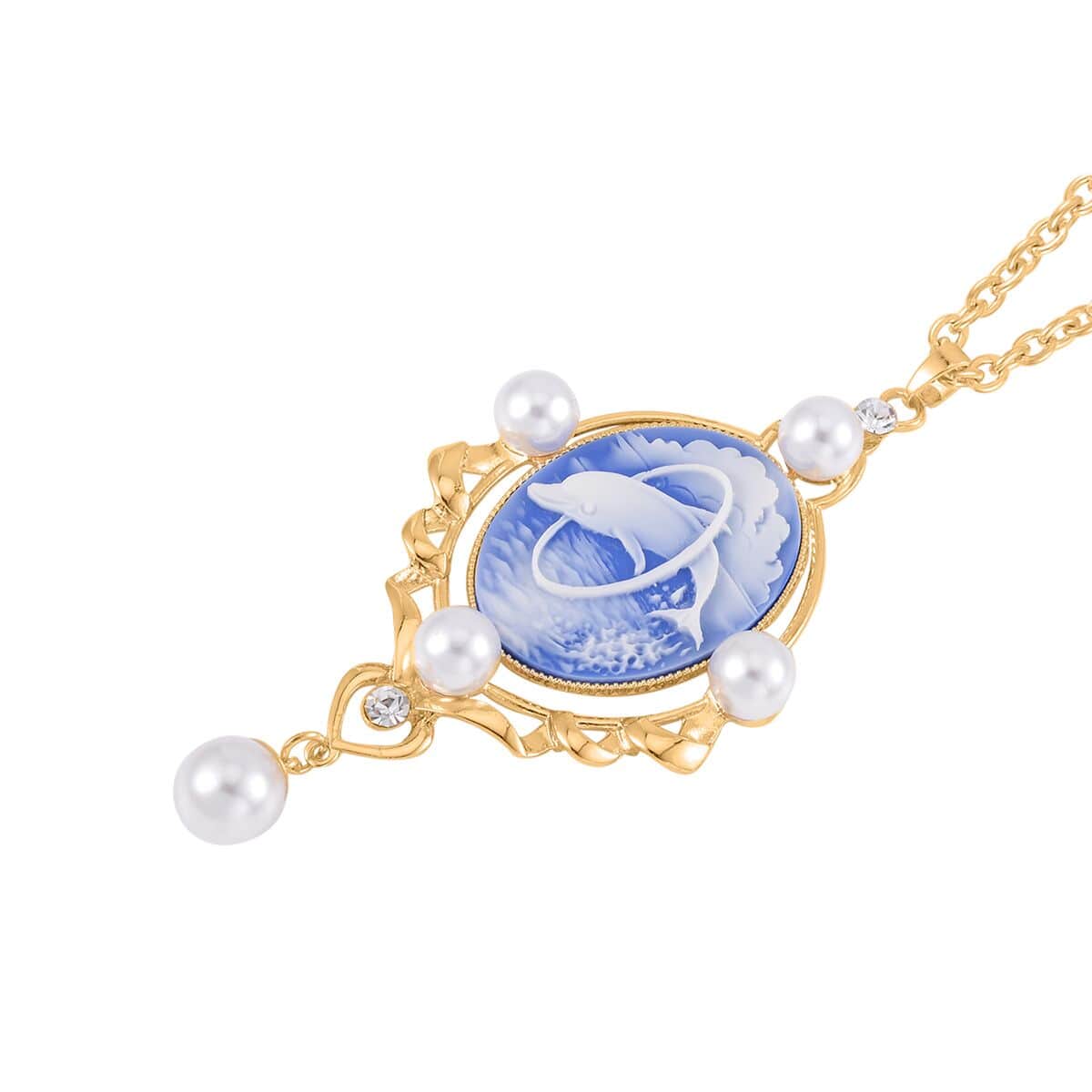 Blue Color Cameo and Multi Gemstone 6.00 ctw Necklace in Goldtone 20.5-22.5 Inches image number 3