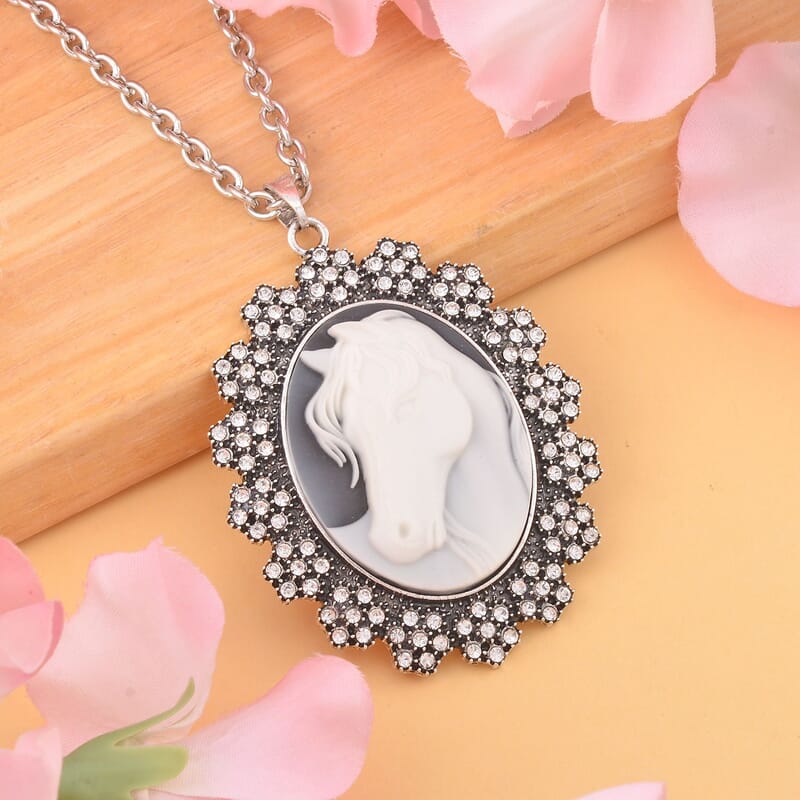Cameo and White Austrian Crystal Necklace 18-20 Inches in Silvertone 8.00 ctw