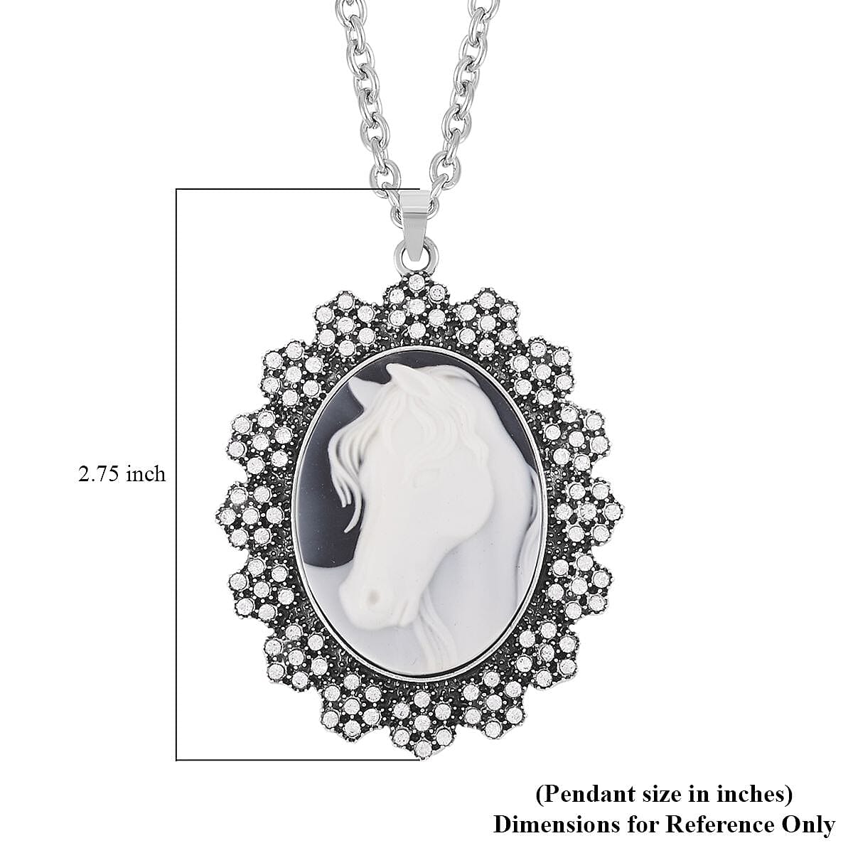 Cameo and White Austrian Crystal Necklace 18-20 Inches in Silvertone 8.00 ctw