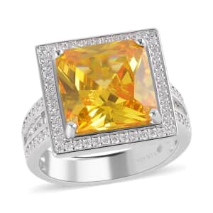 Lustro Stella Finest Yellow and White CZ Halo Ring in Platinum Over Sterling Silver 7.10 ctw