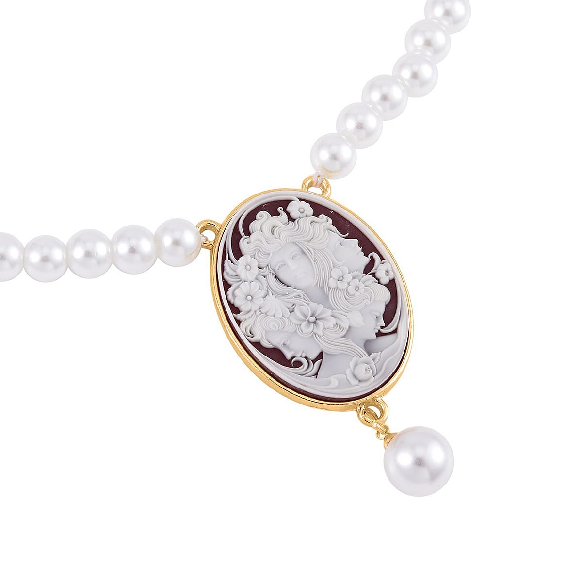 Cameo and White Shell Pearl Necklace 21-23 Inches in Goldtone 8.00 ctw image number 2