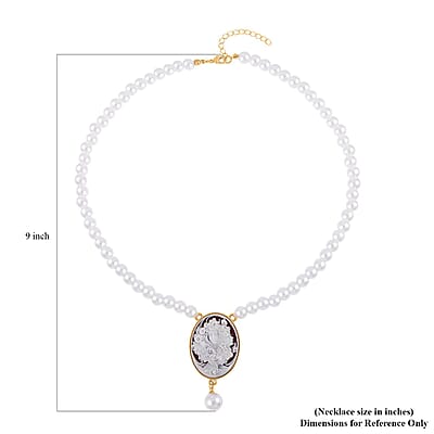Cameo and White Shell Pearl Necklace 21-23 Inches in Goldtone 8.00 ctw