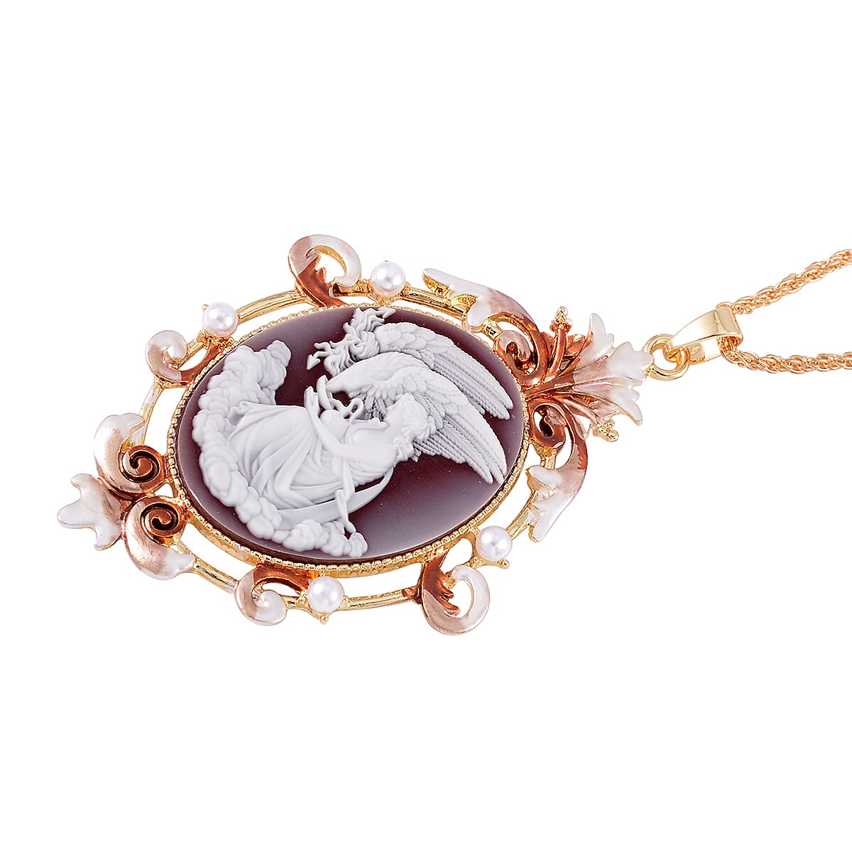Cameo and Simulated Pearl Enameled Necklace 20-22 Inches in Goldtone 8.00 ctw image number 2
