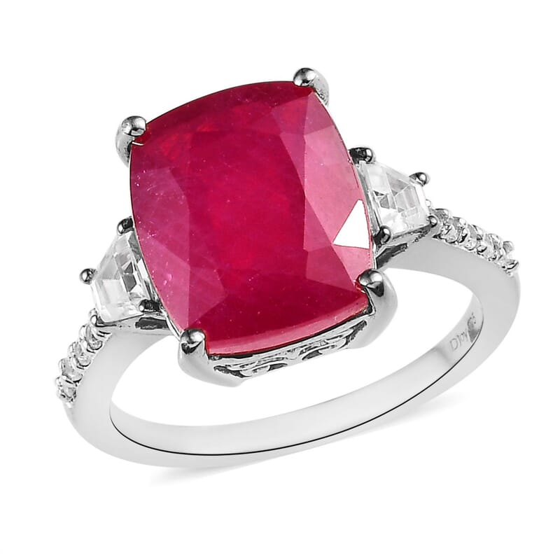 Niassa Ruby (FF) and White Zircon Ring in Platinum Over Sterling Silver (Size 10.0) 9.00 ctw