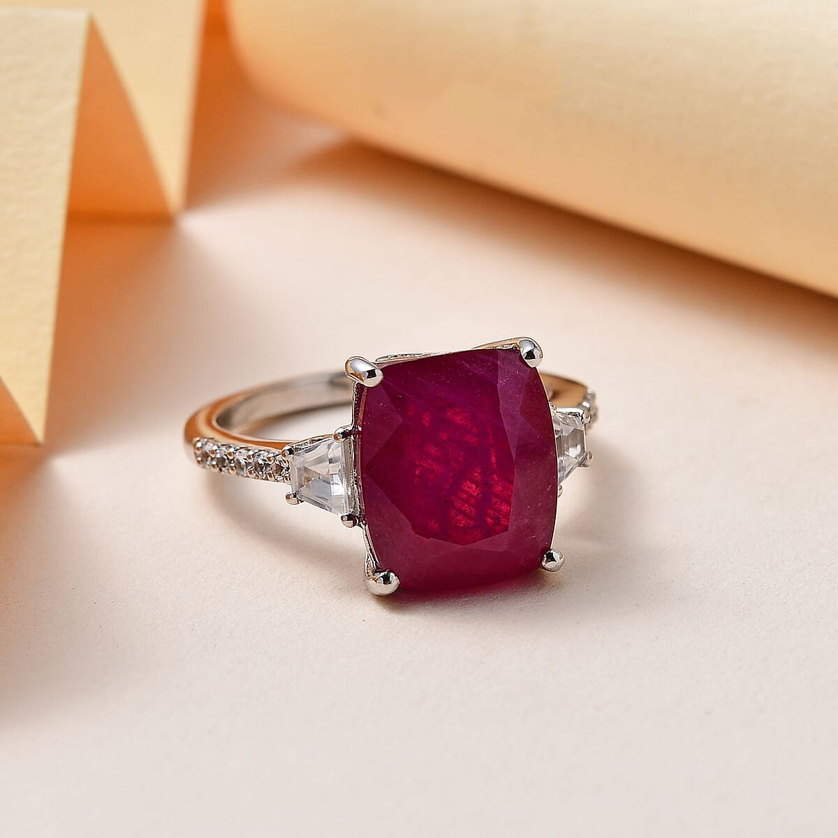 TLV Fissure Filled Ruby ,  White Zircon  Main Stone With Side Stone Ring in Platinum Over Sterling Silver 10.05 ctw (Size 10.0) 8.98 ctw image number 1