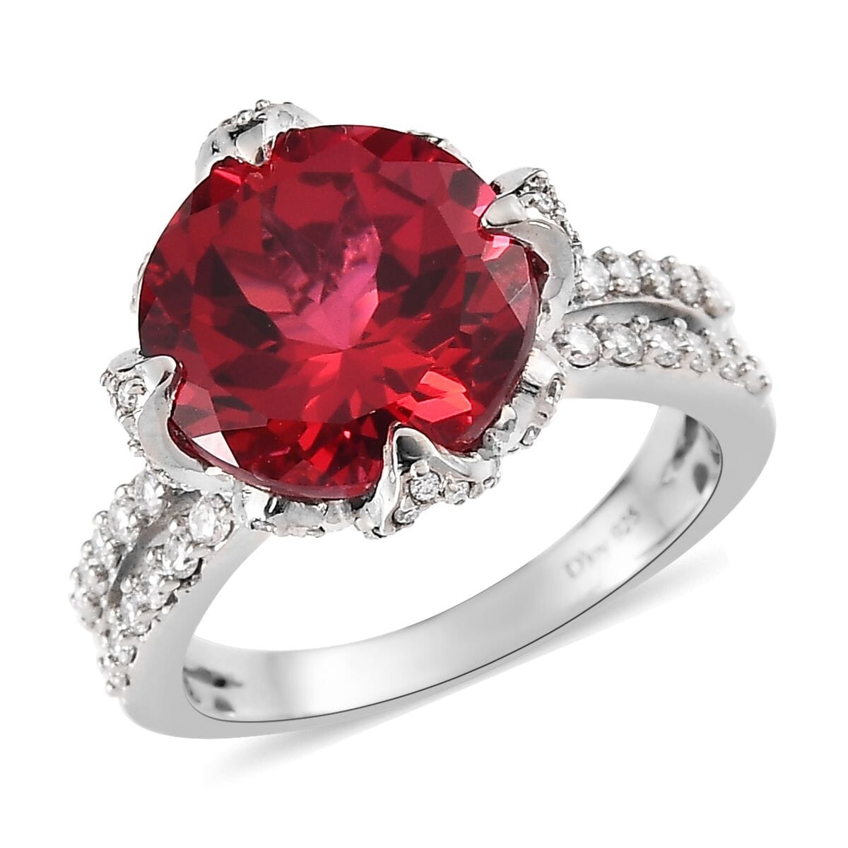 Lab Created Padparadscha Sapphire and Moissanite Ring in Platinum Over Sterling Silver 9.90 ctw image number 0