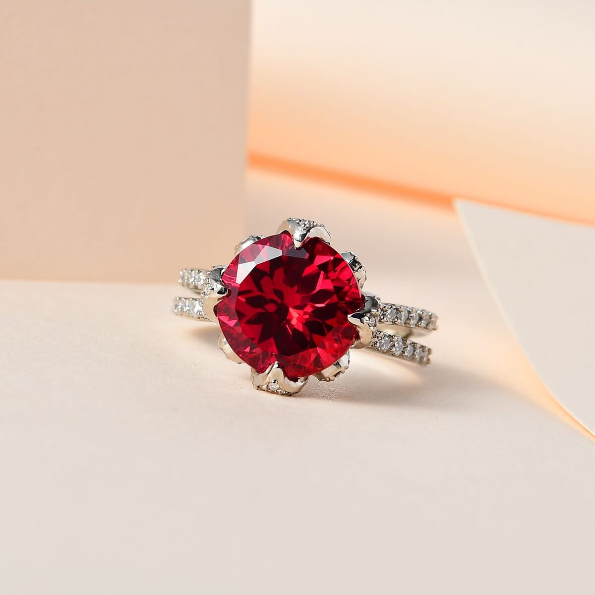 Lab Created Padparadscha Sapphire and Moissanite Ring in Platinum Over Sterling Silver 9.90 ctw image number 1
