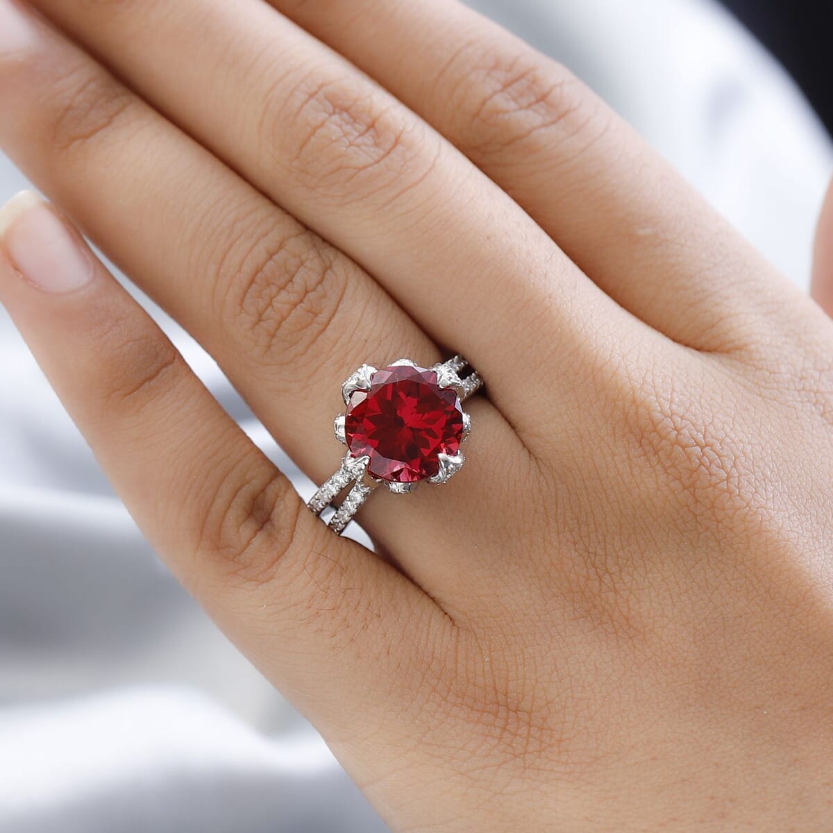 Lab Created Padparadscha Sapphire and Moissanite Ring in Platinum Over Sterling Silver 9.90 ctw image number 2