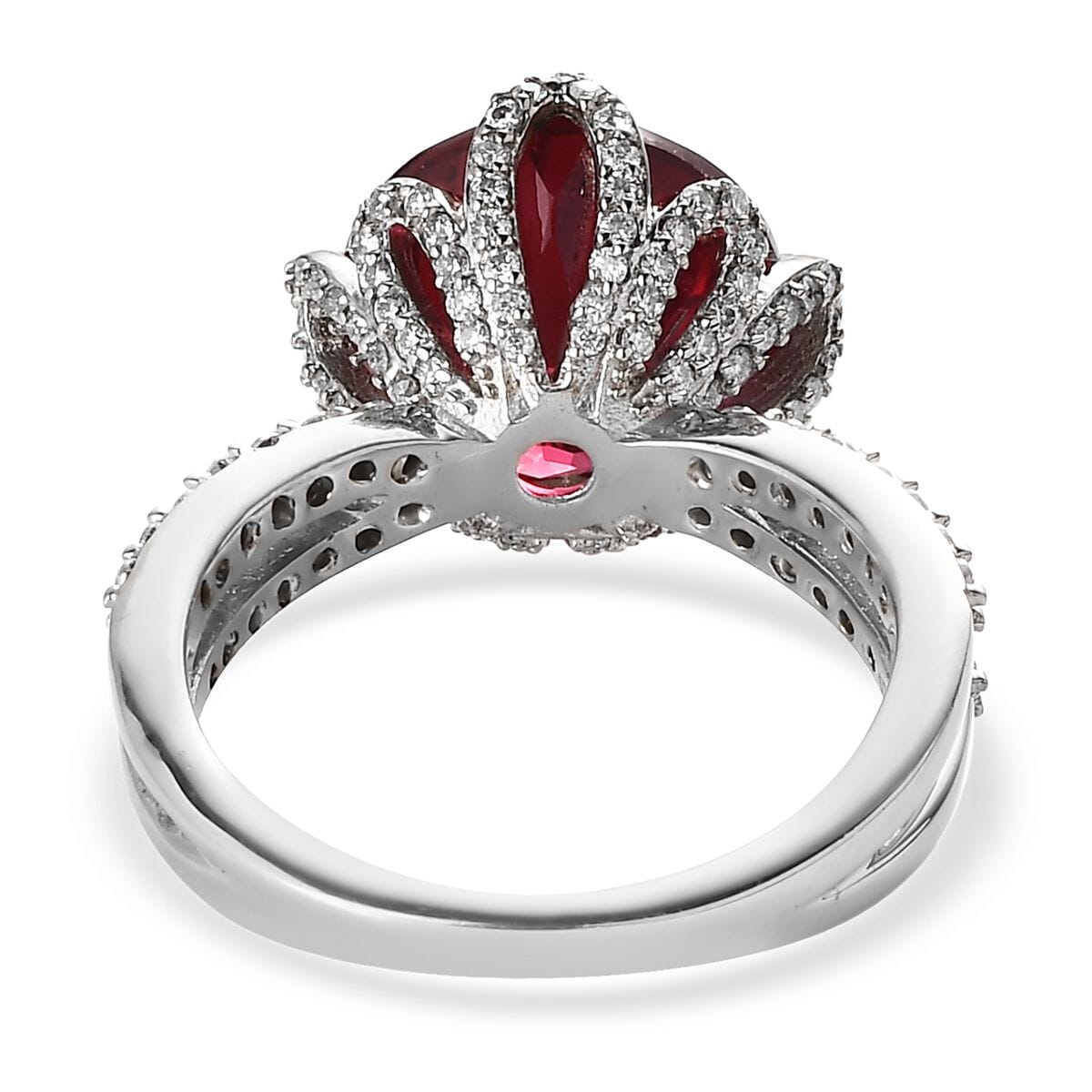 Lab Created Padparadscha Sapphire and Moissanite Ring in Platinum Over Sterling Silver 9.90 ctw image number 4