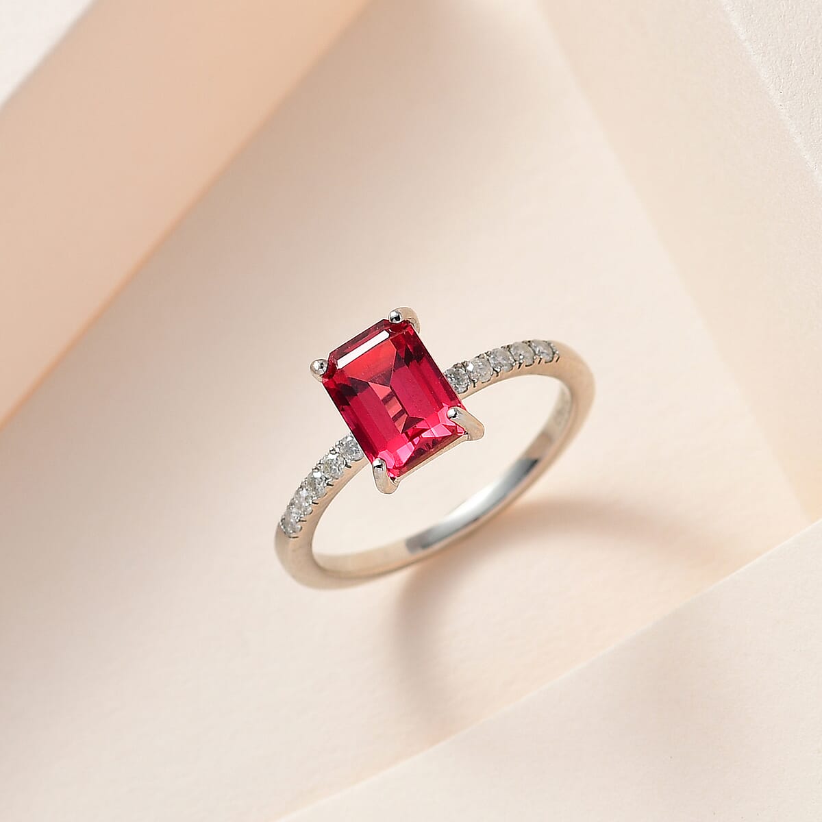 Lab Created Padparadscha Sapphire and Moissanite Ring in Platinum Over Sterling Silver 2.60 ctw image number 1