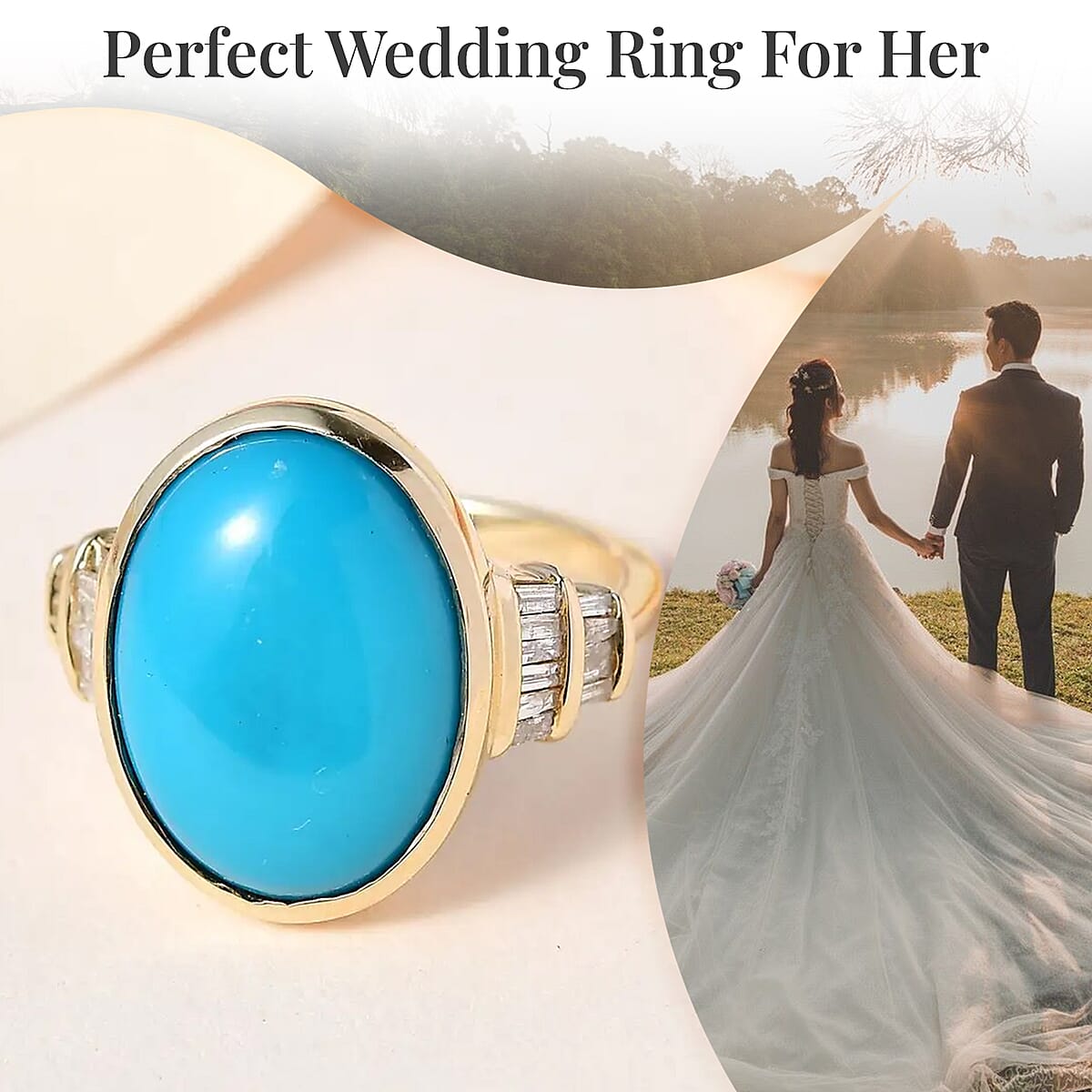 Luxoro Premium Sleeping Beauty Turquoise Ring, 10K Yellow Gold Ring, Diamond Accent Ring, Wedding Rings For Women 6.75 ctw image number 3