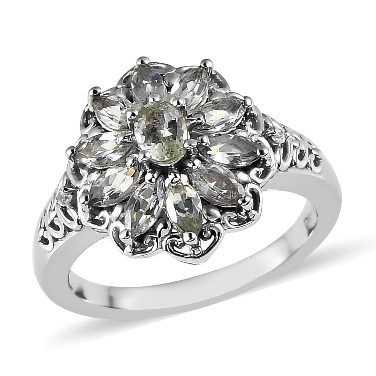 Green Tanzanite and White Zircon Floral Ring in Vermeil YG and Platinum Over Sterling Silver (Size 5.0) 1.10 ctw image number 0