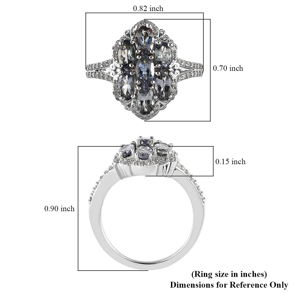 Green Tanzanite and White Zircon Floral Ring in Platinum Over Sterling Silver (Size 10.0) 2.00 ctw