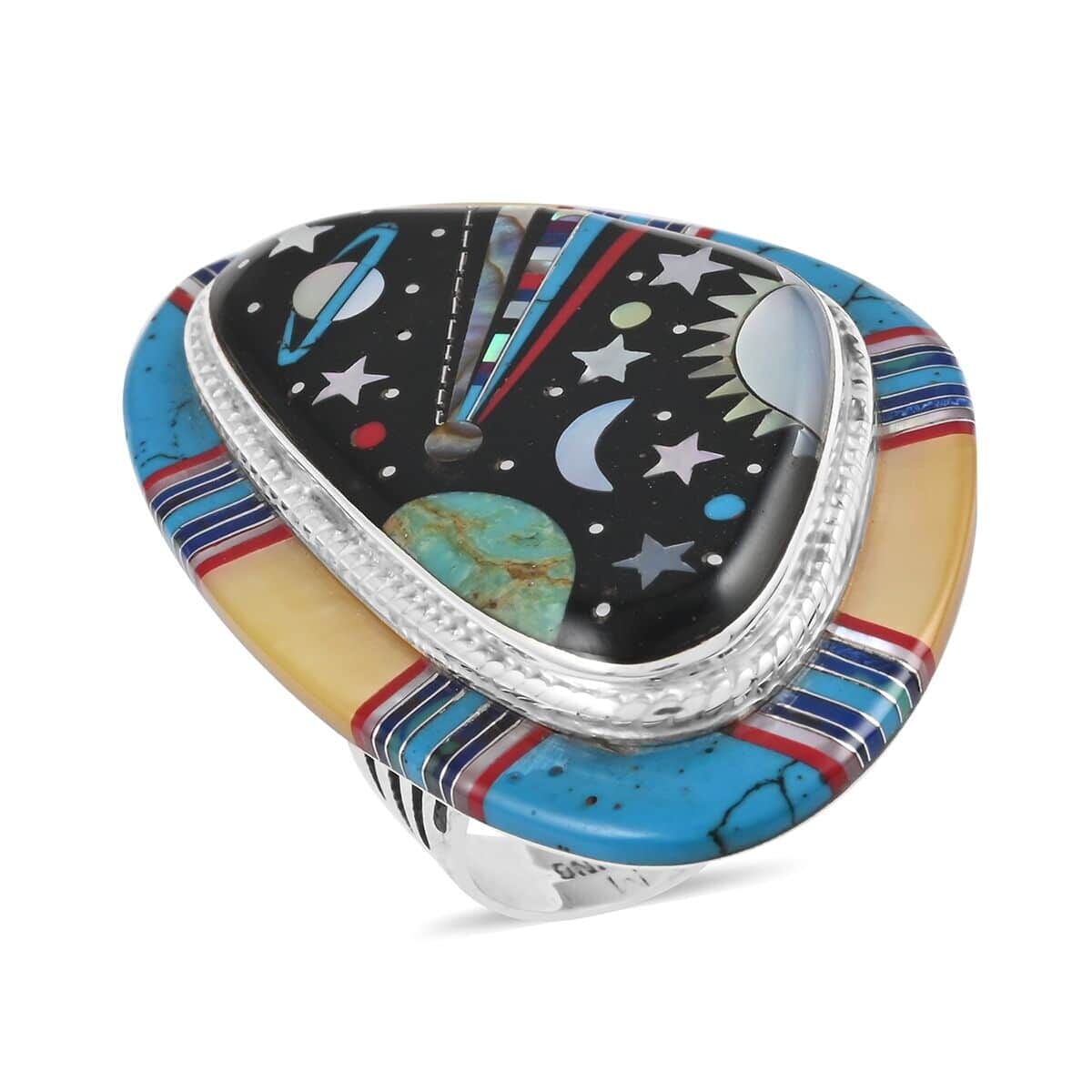 Santa Fe Style Multi Gemstone Nightsky Inlay Design Ring in Sterling Silver (Size 8) 61.90 ctw image number 0