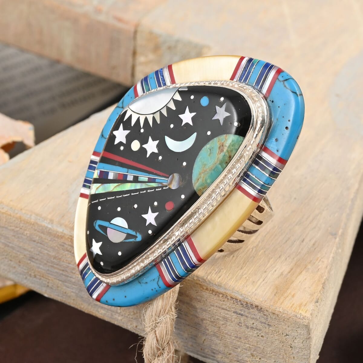Santa Fe Style Multi Gemstone Nightsky Inlay Design Ring in Sterling Silver (Size 8) 61.90 ctw image number 1