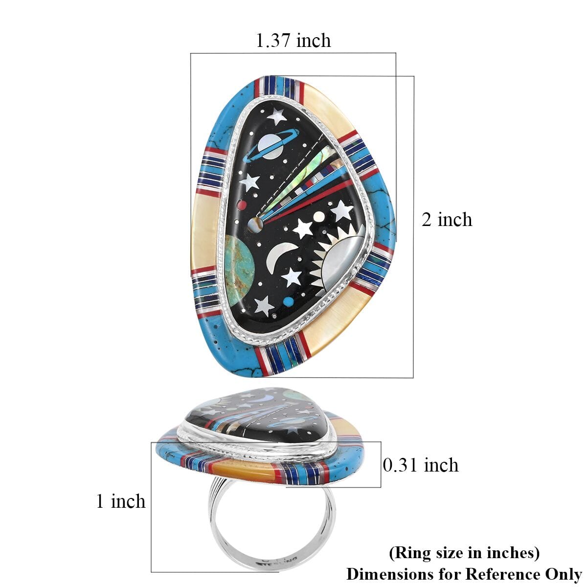 Santa Fe Style Multi Gemstone Nightsky Inlay Design Ring in Sterling Silver (Size 8) 61.90 ctw image number 4