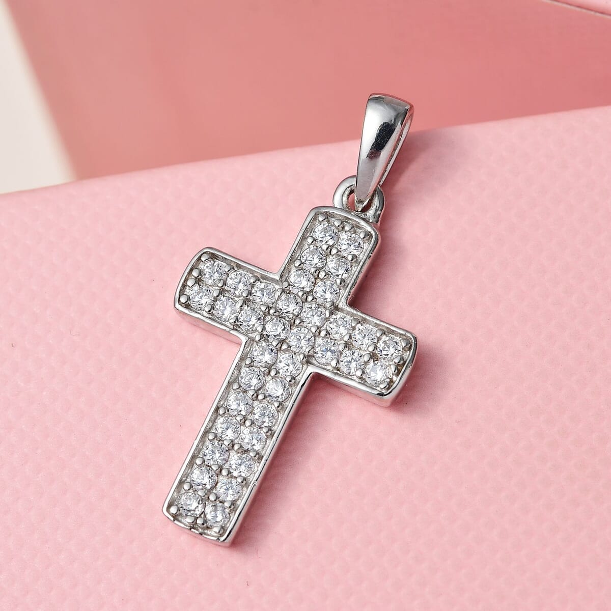 Karis Simulated Diamond 0.75 ctw Cross Pendant without Chain in Platinum Bond image number 1