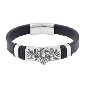 Owl Bracelet in Black Leather Cord and Black Oxidized Stainless Steel (8.50 In)