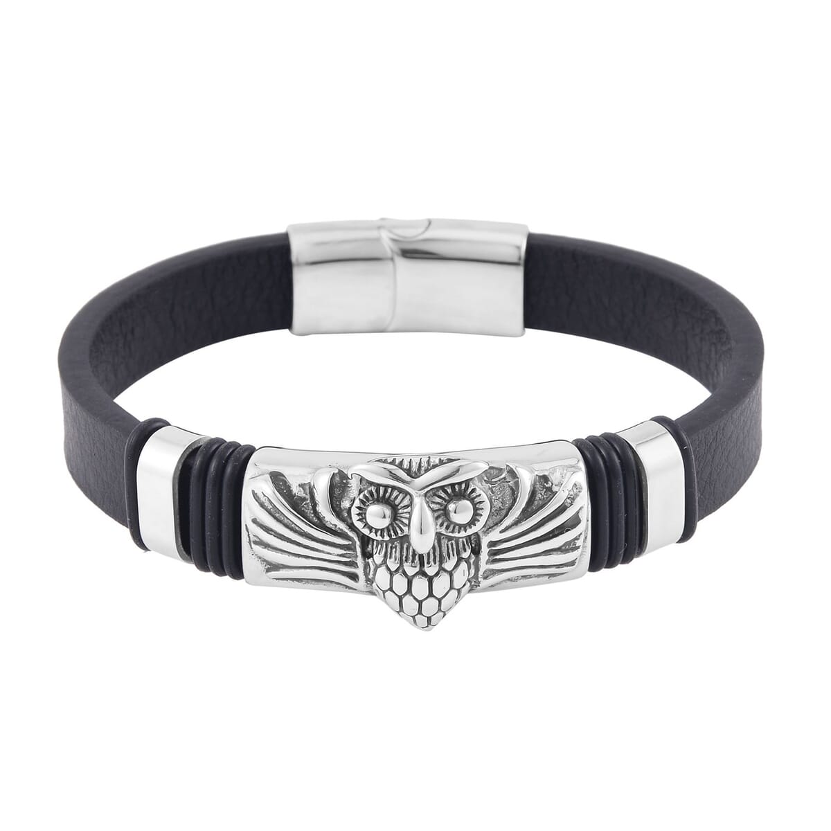 Owl Bracelet in Black Leather Cord and Black Oxidised Stainless Steel (8.50 In) image number 0