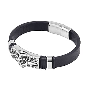 Owl Bracelet in Black Leather Cord and Black Oxidized Stainless Steel (8.50 In)