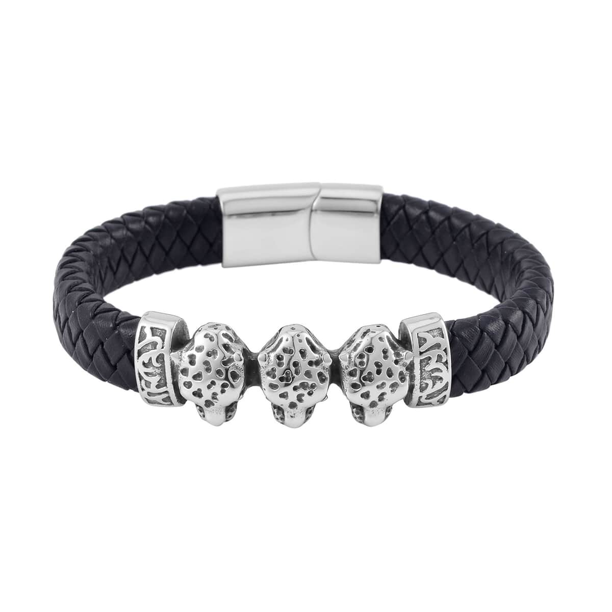 Leopard Bracelet in Black Leather Cord and Black Oxidised Stainless Steel (8.50 In) image number 0