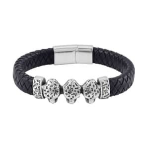 Leopard Bracelet in Black Leather Cord and Black Oxidised Stainless Steel (8.50 In)