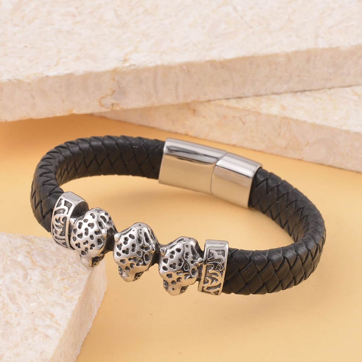 Leopard Bracelet in Black Leather Cord and Black Oxidised Stainless Steel (8.50 In) image number 1