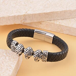 Leopard Bracelet in Black Leather Cord and Black Oxidized Stainless Steel (8.50 In)