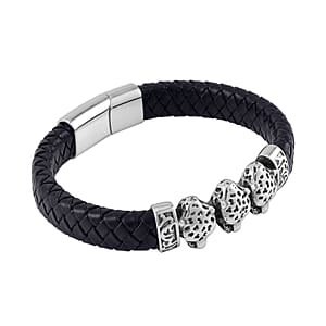 Leopard Bracelet in Black Leather Cord and Black Oxidized Stainless Steel (8.50 In)