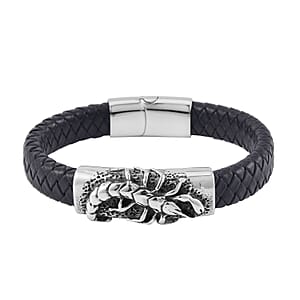 Scorpion Bracelet in Black Leather Cord and Black Oxidised Stainless Steel (8.50 In)