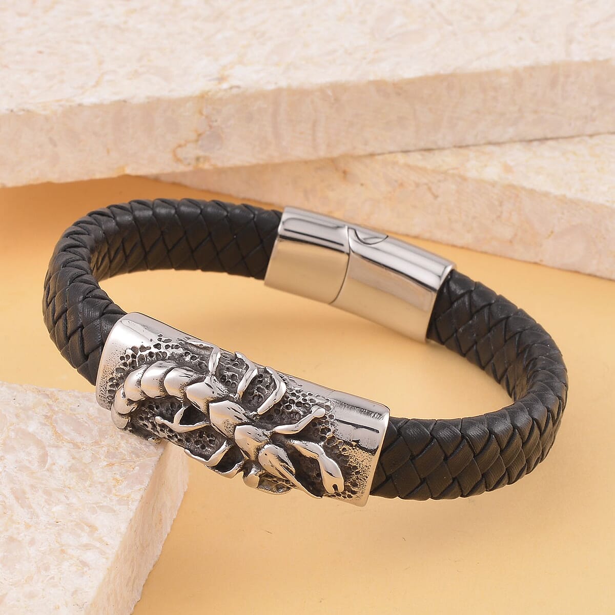 Scorpion Bracelet in Black Leather Cord and Black Oxidised Stainless Steel (8.50 In) image number 1