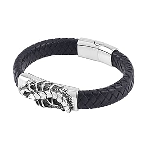 Scorpion Bracelet in Black Leather Cord and Black Oxidised Stainless Steel (8.50 In)