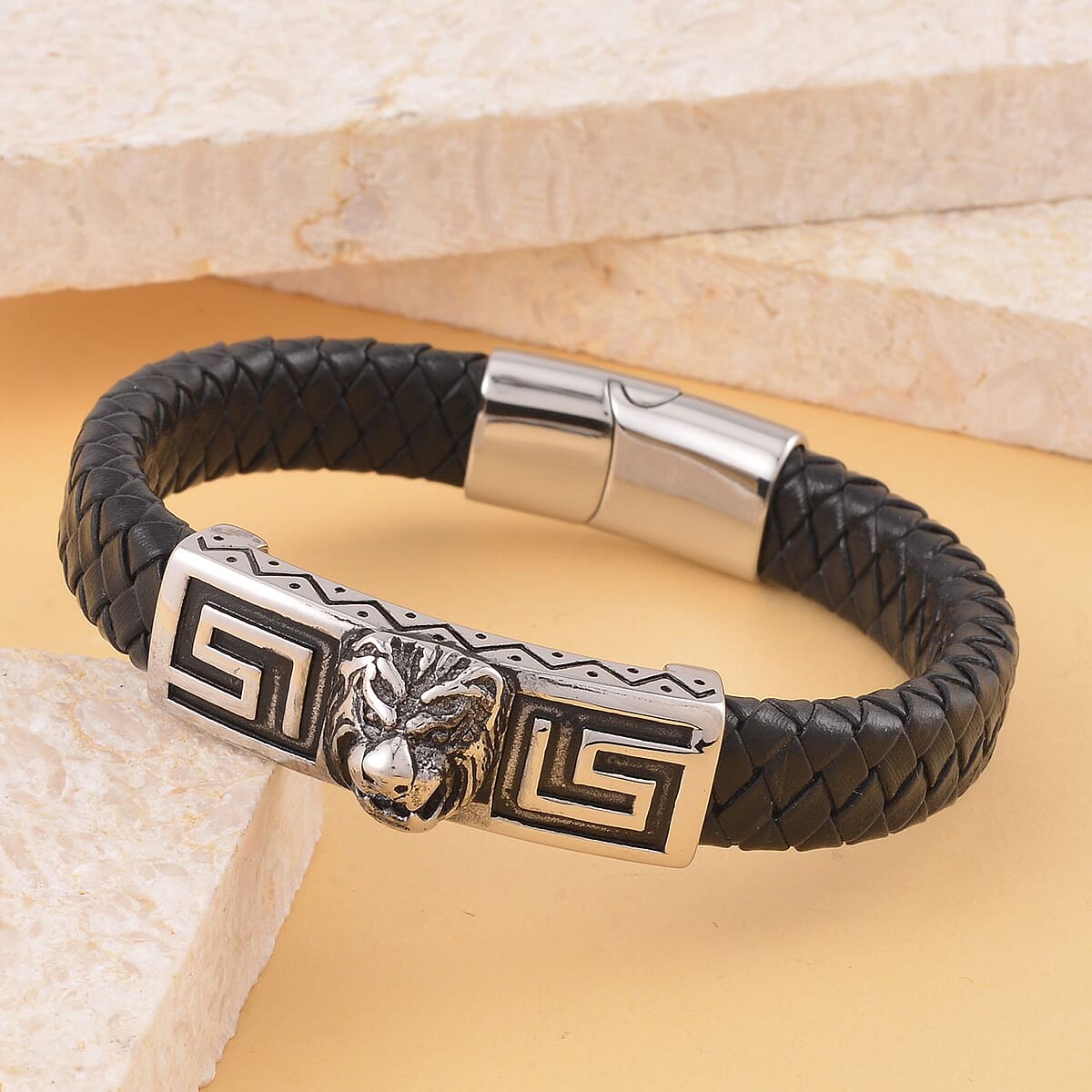 Lion Bracelet in Black Leather Cord and Black Oxidised Stainless Steel (8.50 In) image number 1