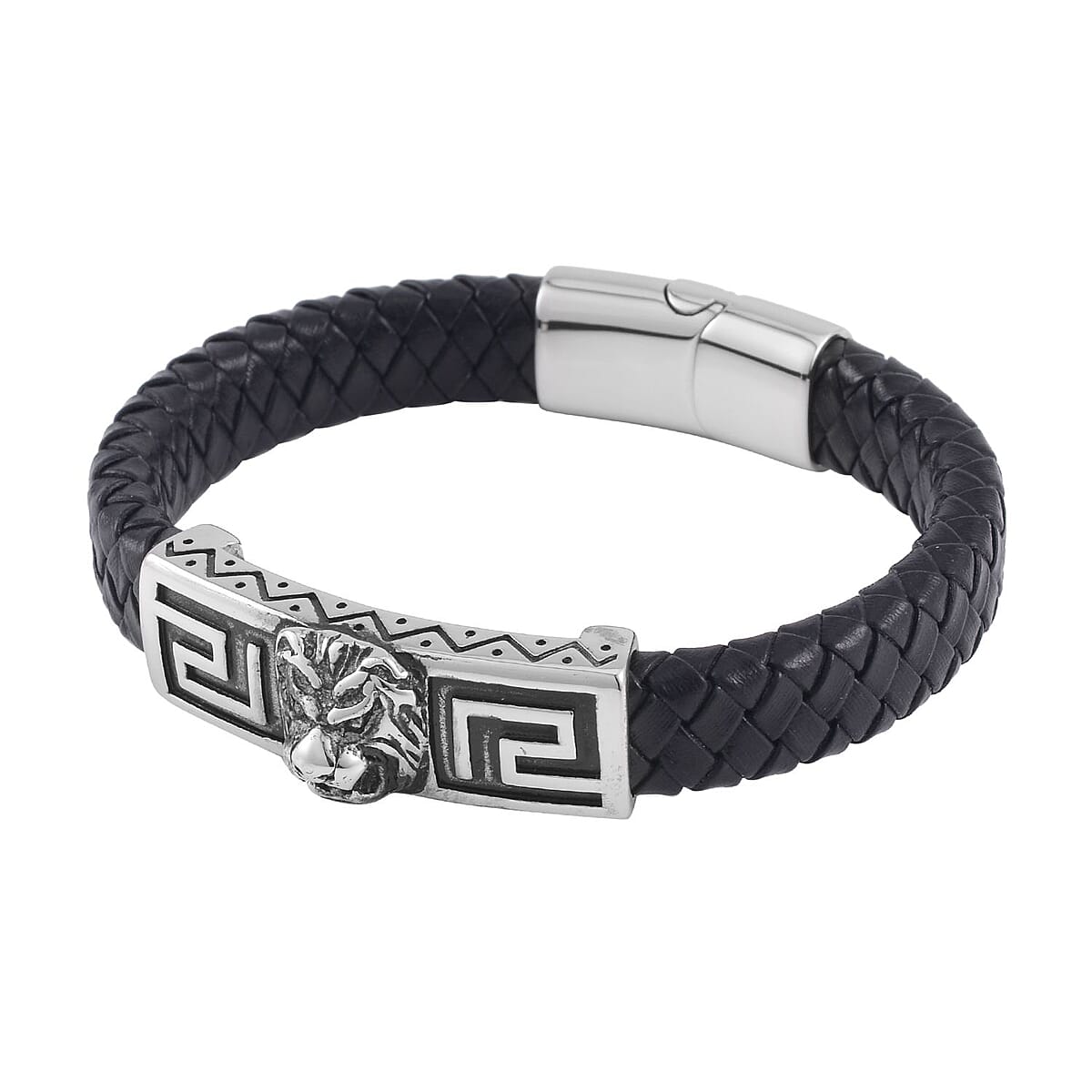 Lion Bracelet in Black Leather Cord and Black Oxidised Stainless Steel (8.50 In) image number 2