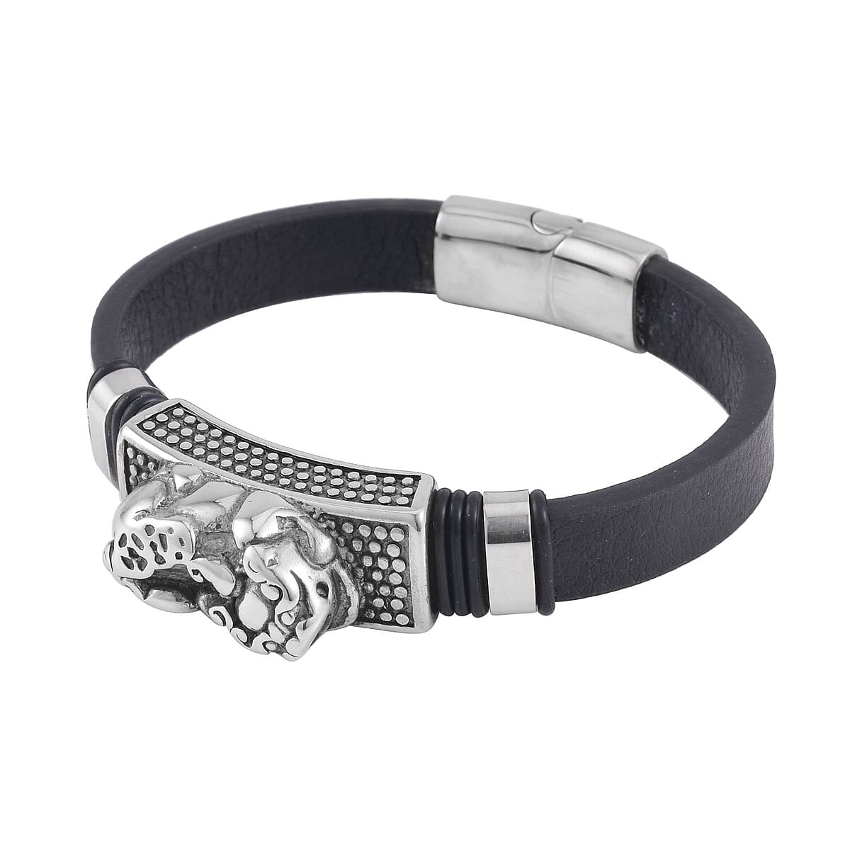 Pixiu Bracelet in Black Leather Cord and Black Oxidized Stainless Steel (8.50 In) image number 2