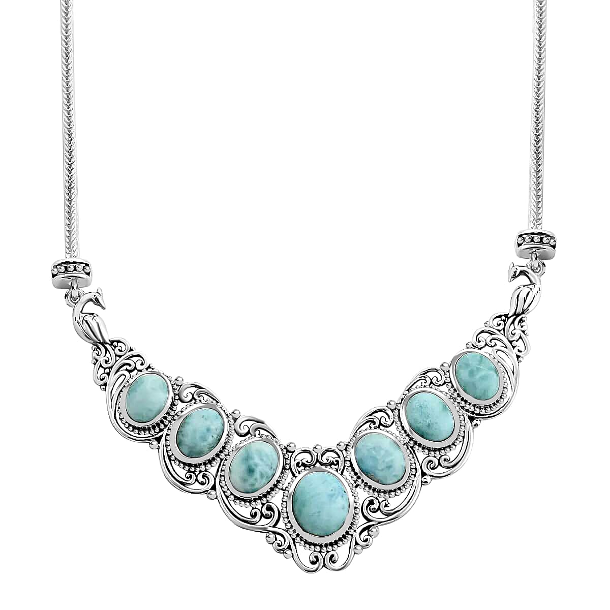Larimar Necklace, Sterling Silver Necklace, 18 Inch Necklace, Filigree Necklace 21.65 ctw