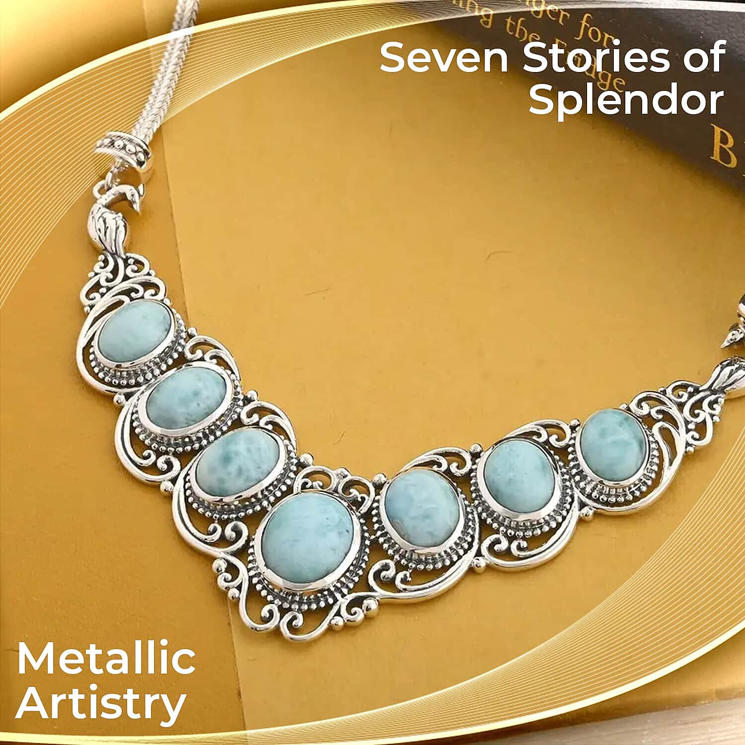 Larimar Necklace, Sterling Silver Necklace, 18 Inch Necklace, Filigree Necklace 21.65 ctw