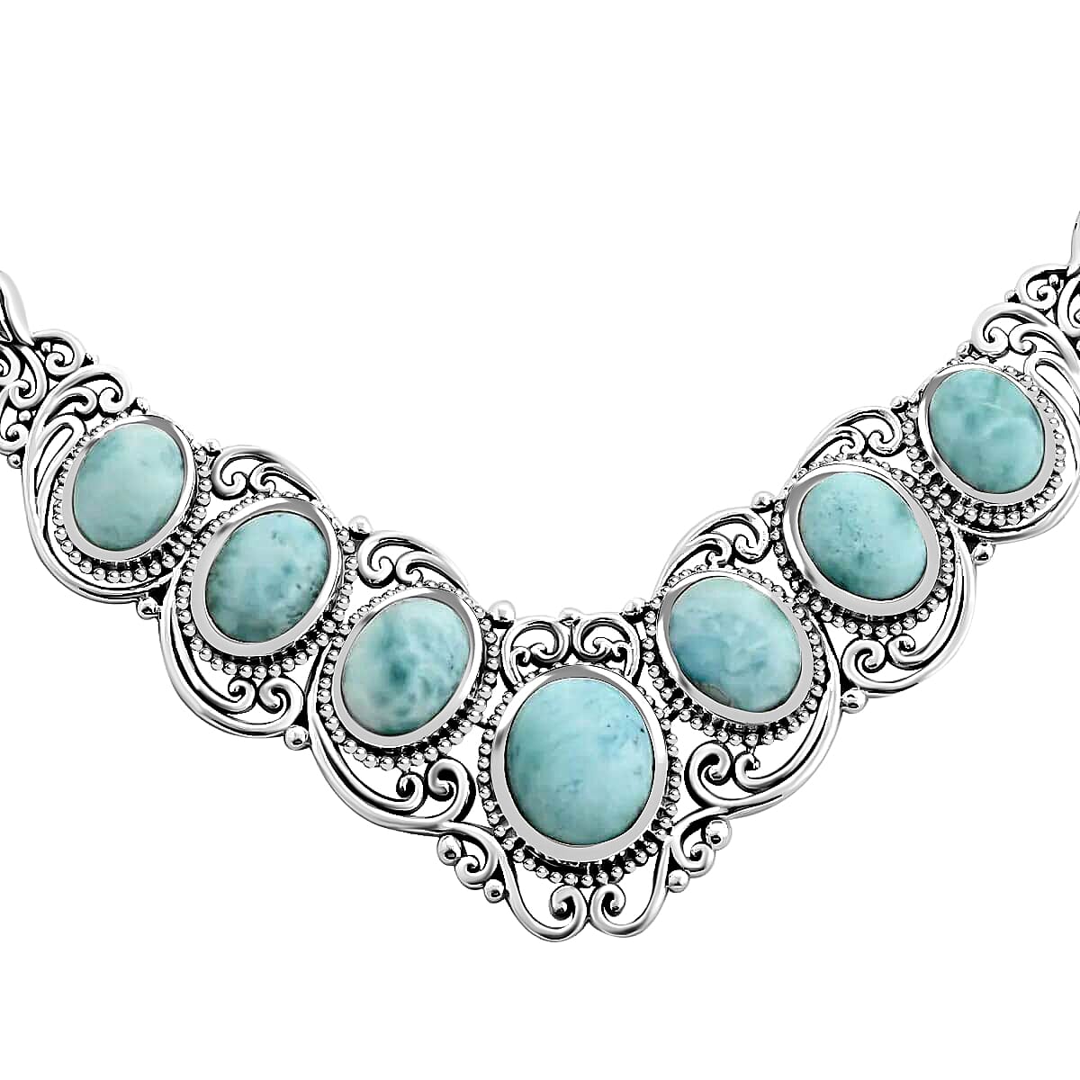 Larimar Necklace, Sterling Silver Necklace, 18 Inch Necklace, Filigree Necklace 21.65 ctw