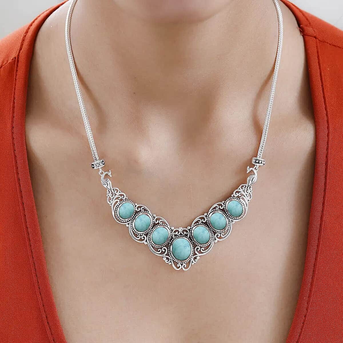 Larimar Necklace, Sterling Silver Necklace, 18 Inch Necklace, Filigree Necklace 21.65 ctw
