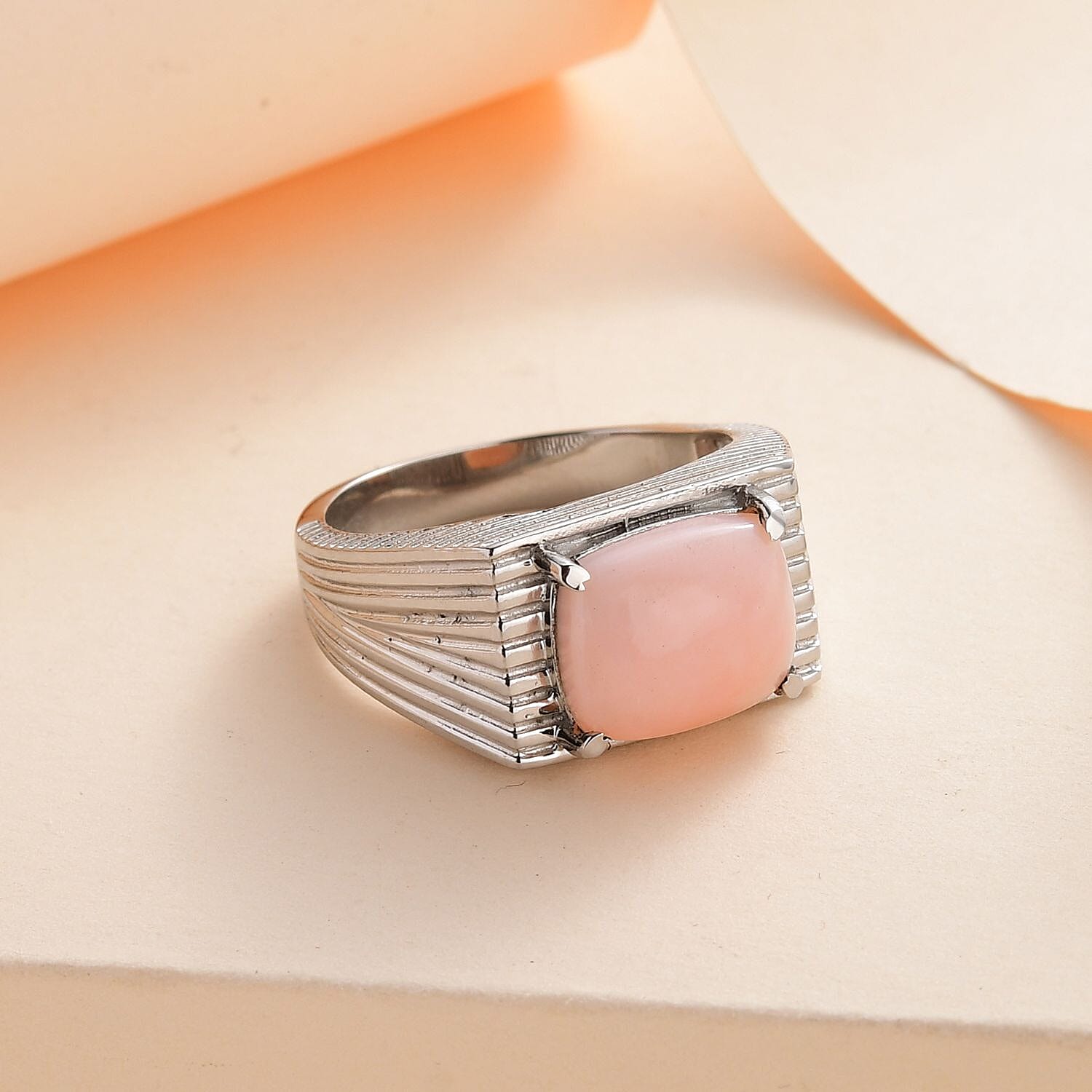Premium Peruvian Pink Opal Men's Ring in Stainless Steel (Size 10.0) 4.25 ctw | Tarnish-Free, Waterproof, Sweat Proof Jewelry