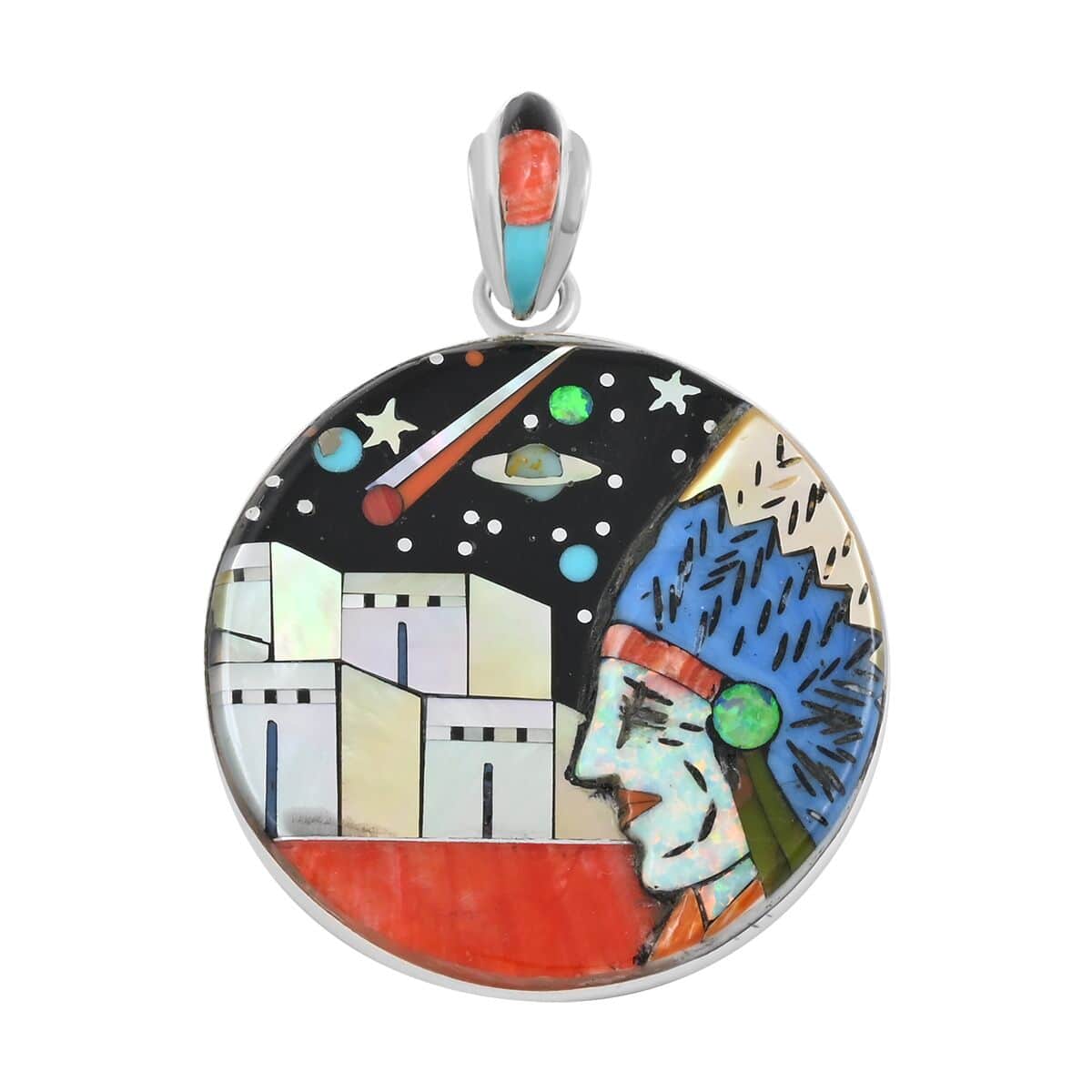 Santa Fe Style Multi Gemstone Old Pueblo Night Sky Stars Saturn Pendant in Sterling Silver 42.00 ctw image number 0