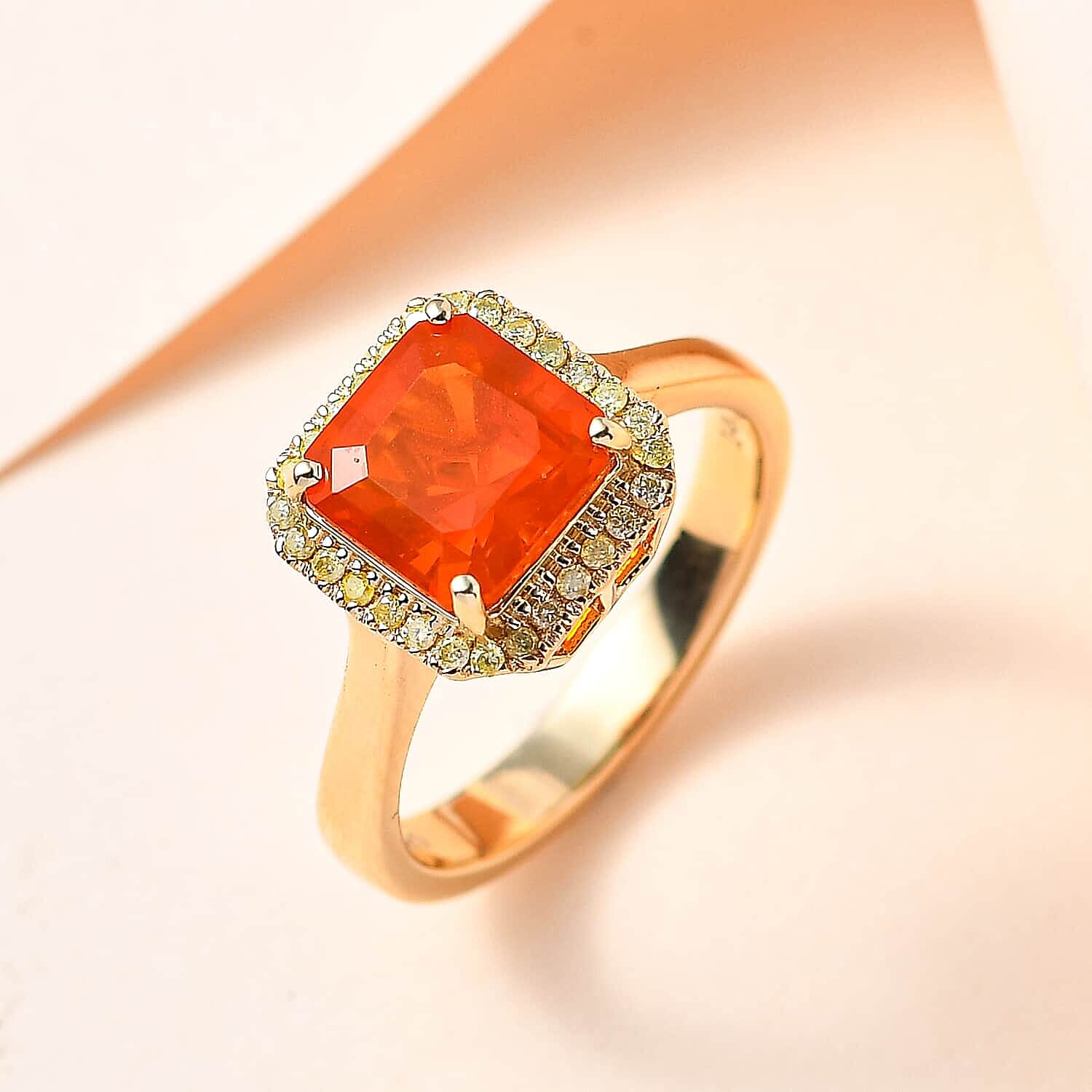 Luxoro 14K Yellow Gold AAA Mexican Fire Opal and I3 Natural Yellow Diamond Halo Ring (Size 10.0) 4 Grams 2.00 ctw