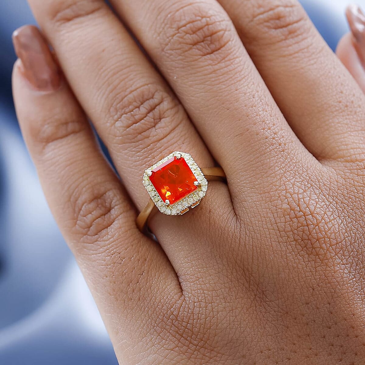 Luxoro 14K Yellow Gold AAA Crimson Fire Opal and I3 Natural Yellow Diamond Halo Ring 4 Grams 2.00 ctw (Del. in 5-7 Days) image number 2