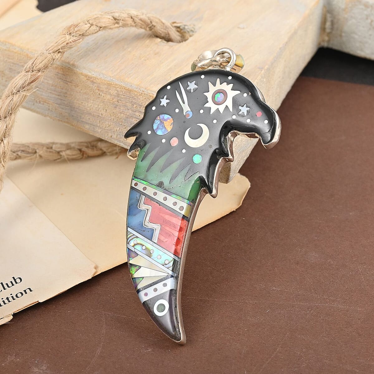 Santa Fe Style Multi Gemstone Native American Inspired Eagle Pendant in Sterling Silver 26.50 ctw image number 1