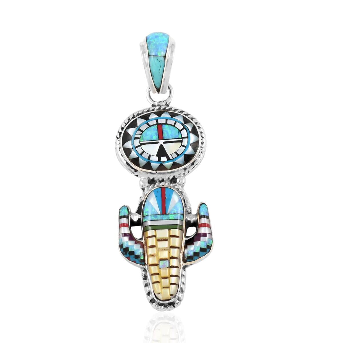 Santa Fe Style Multi Gemstone Saguaro Cactus and Oval Vibrant Pendant in Sterling Silver 27.45 ctw image number 0